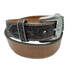 Genuine Hand Tooled Brown Leather Belt Size 38 Ranger Co Western Silver Buckle